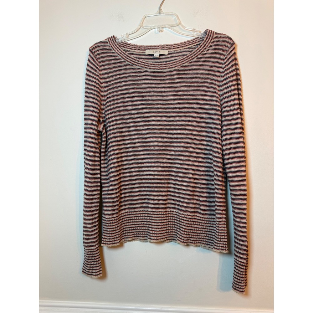 LOFT Sweater Women XL Striped Knit Long Sleeve Crewneck Multi Color Light Weight